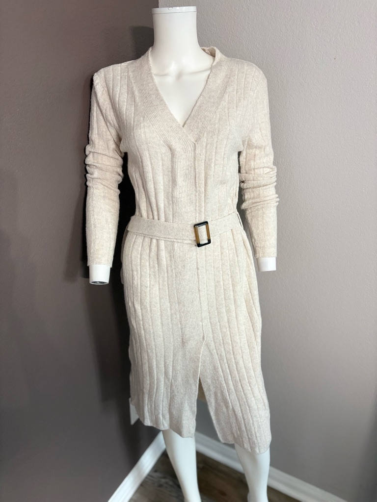 Kendall & Kylie Cream Ribbed V-Neck Belted Midi Dress — image 2 of 8